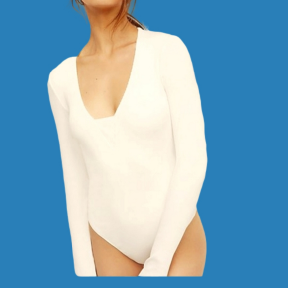 Free People Ribbed V-Neck Bodysuit White Top L NEW! - Picture 3 of 6